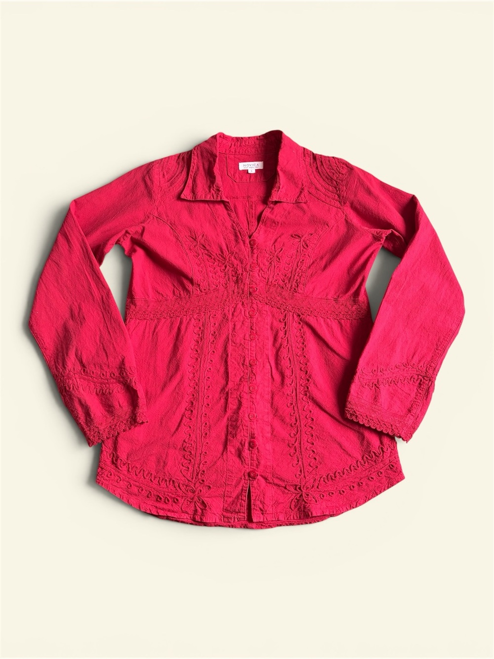 Vintage Novica Red Pima Cotton Embroidered Button Down Shirt Y2K Boho Top Size S